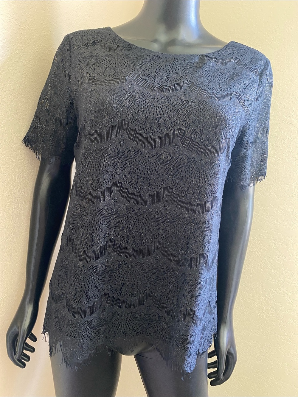 J. Crew Glittery Black Lace Short Sleeve Scoop Neck Top